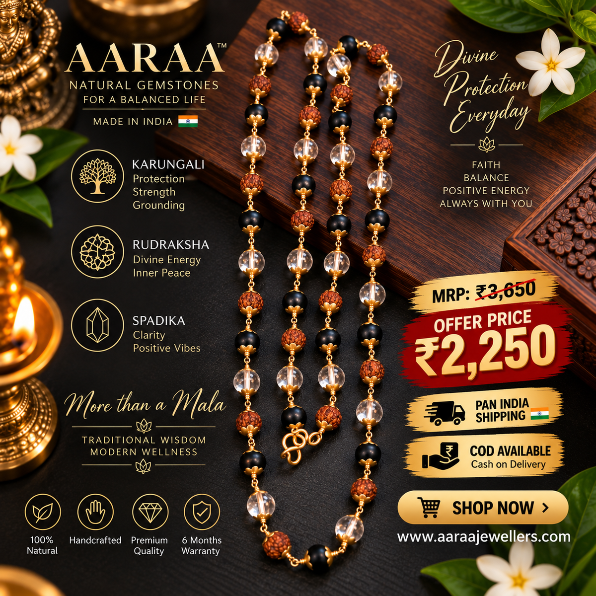 Karungali, Rudraksha, Spadika Mala – Protection. Peace. Positivity